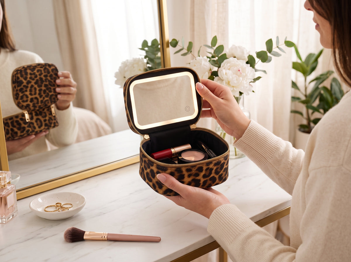 Trousse Lumière léopard ouverte, miroir LED allumé