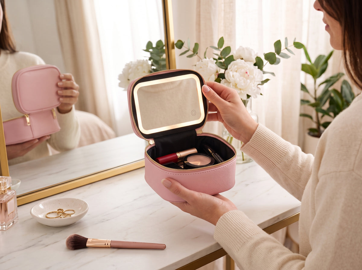 Trousse Lumière rose tenue en main, miroir LED allumé